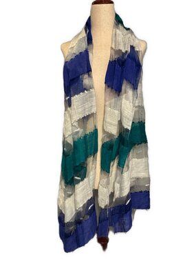 Boutique Greece Blue Teal White Colorblock Sheer Lightweight Scarf Wrap Fringe
